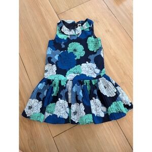Janie and Jack Girls Blue Green Floral Drop Waist Pleated Bow Dress Size 4